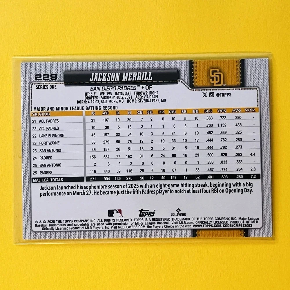 2026‎ Topps Series 1 Jackson Merrill #229 AZ Spring Training Parallel Padres